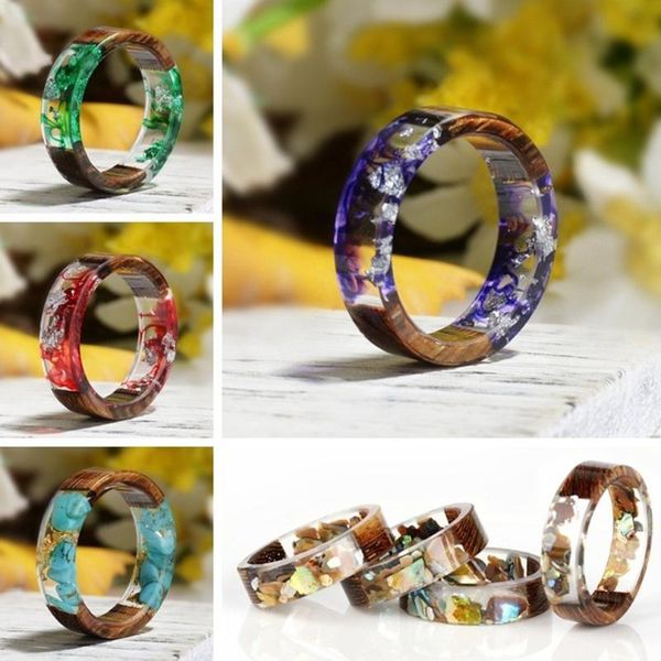 

wedding rings charm clear wood resin ring handmade dried flower epoxy colorful round personality for women men 2021, Slivery;golden