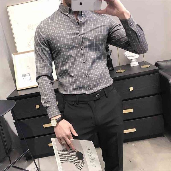 

t shirts british style long sleeves plaid men's clothes 2021 simple fine formal adjustment office blouse plus size p4fm, White;black