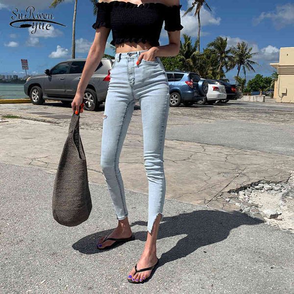 

skinny high waist jeans woman stretch streetwear ripped hole pencil split light blue casual denim trousers 10397 210510