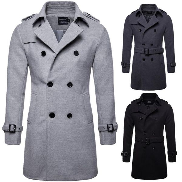 

men's wool & blends men baggy trench coat long jacket outwear formal office work casual overcoat woolen blended 2021, Black