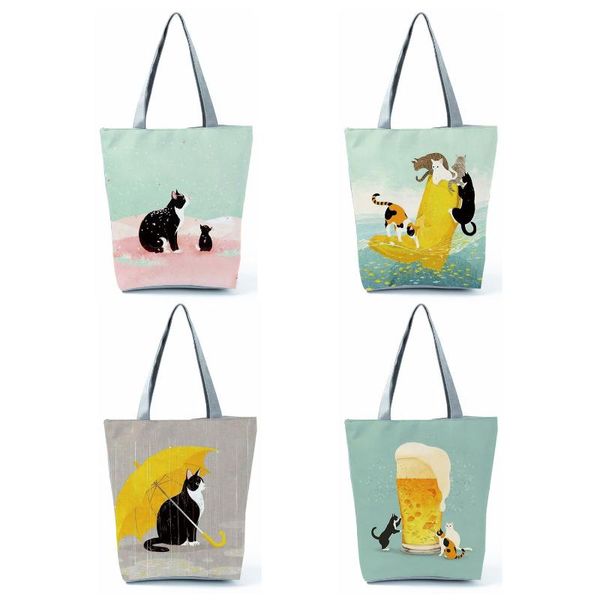 

evening bags customized handbag cartoon animal cat print tote for women reusable shopping groceries folding travel school pouch