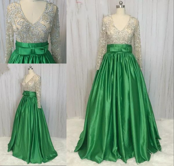 

amazing emerald green a line prom evening dresses formal gowns african satin long illusion sleeves crystal beaded bridesmaid pageant dresess, Black