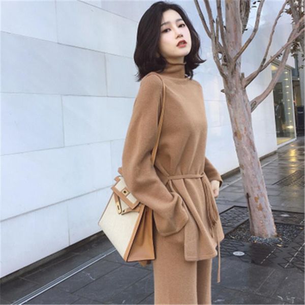 

women's two piece pants women 2 pant kintted set 2021 autumn winter runway fashion casual suit pants wool blends knit pz893, White