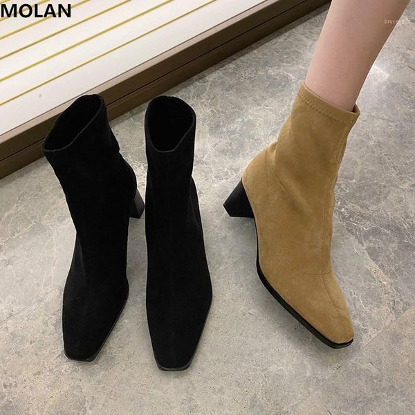 

boots molan brand designer 2021 korean fashion suede stretch fabric sock high heels women's ankle winter shoes black camel1