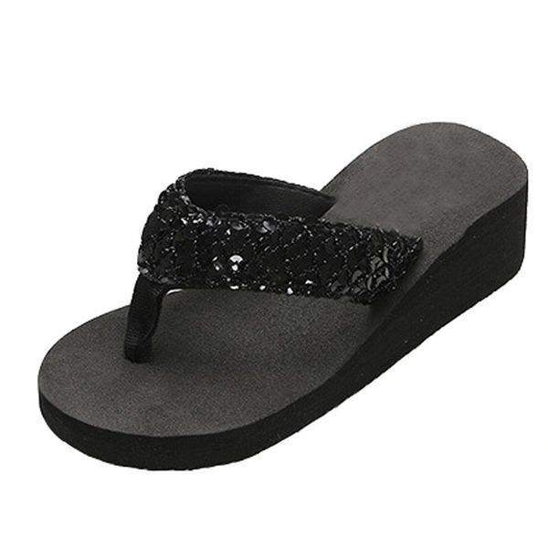 

slippers beach sandals 2021 lady girls sequin flatform wedge shoes comfortable black simple breathable woman