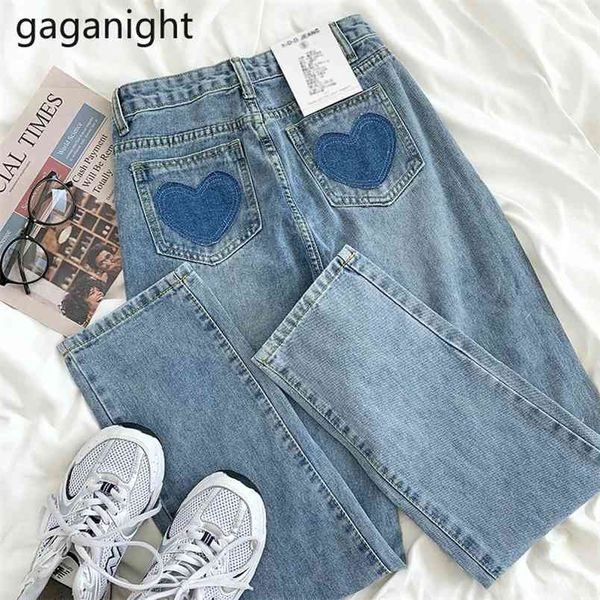 

korean spring autumn women high waist loose blue straight jeans students slim cute love print pockets zippers trousers 210601