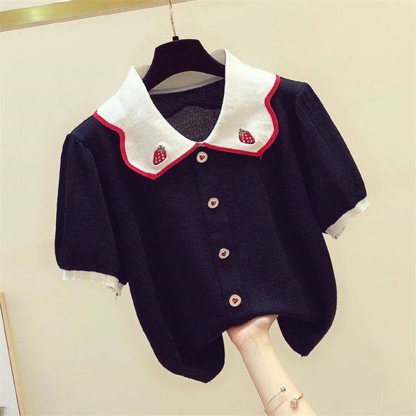 

women's t-shirt summer short sleeves sweet collar knitted tee female students laides pullover casual tees 210428, White