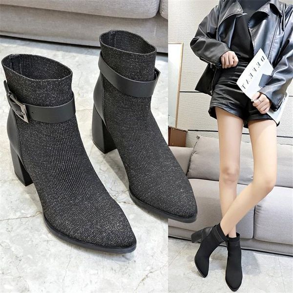 

boots 2021 spring women's pointed toe yarn elastic ankle thick heel high heels shoes woman female socks botas mujer, Black