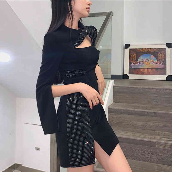 

dresses black patchwork diamond for women stand collar long sleeve high waist slim es female fashion, Black;gray