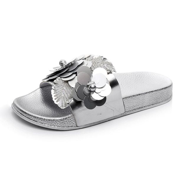

bling glitter beach slippers women shoes woman summer casual slides flip flops pearl floral flat platform female, Black
