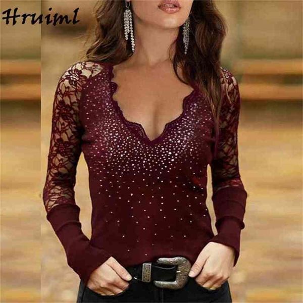 

shirt women v neck lace patchwork diamond skinny long sleeve fashion casual roupas femininas 210513, White