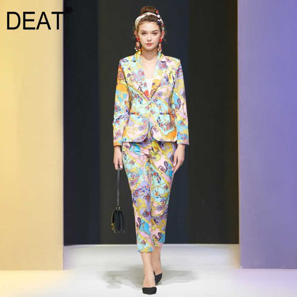 

[deat] spring fashion long sleeve v-neck single button blazer printing high waist pants two-piece suit women 13c975 210527, White