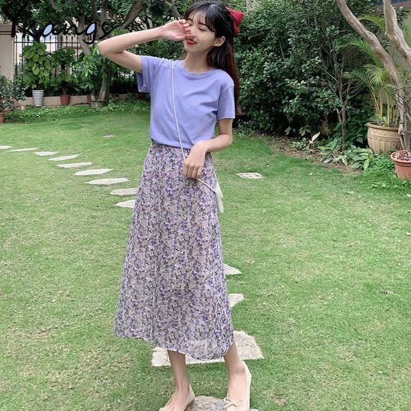 

vintage purple floral print pleated long skirts summer women korean skirt korean style streetwear elastic waist midi saia 210619, Black