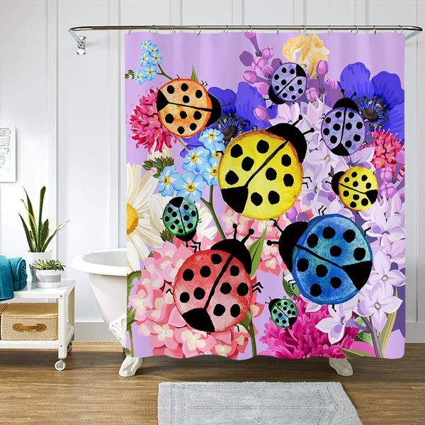 

colorful rainbow ladybugs shower curtain, funny insect animal ladybug watercolor purple flower rustic shower curtain waterproof