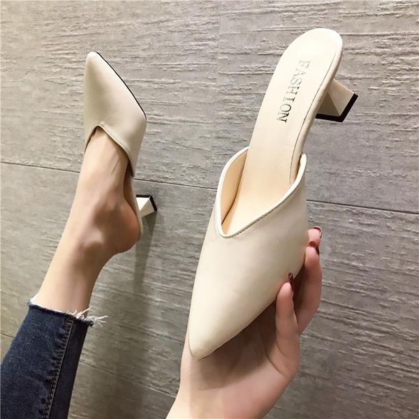 

slippers summer fashion women pointed toe slipper nude white square low heels outsides ladies slides beach mules shoes, Black