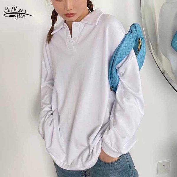 

pullover solid white lapel women loose blouse autumn winter european and american female neckline buttons shirts 11912 210508