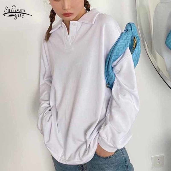 Pulôver sólido branco lapela mulheres soltas blusa outono inverno europeu e americano fêmea decote botões tops camisas 11912 210508