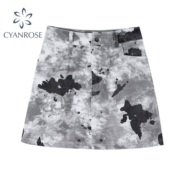 

a-line camouflage crop denim skirt for women stylish high waist party club e-girl retro tie dye clothing mujer ulzzang casual 210515, Black