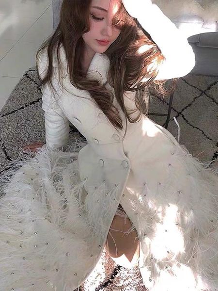 

women's wool & blends autumn and winter style lapel long-sleeved double-breasted heavy beading ostrich feather long woolen pink white c, Black
