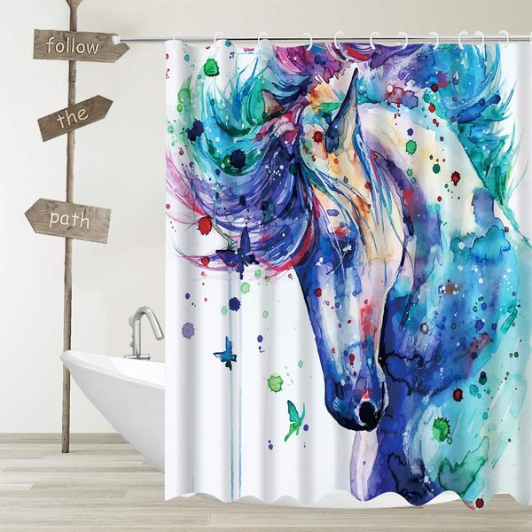 

horse fabric shower curtain blue green horse watercolor animal decor bathroom curtains,waterproof polyester bath curtain with