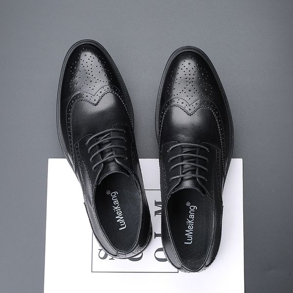 

busins leather shoes formal heightening block men's carved lace ups british fashion versatile wedding, Black