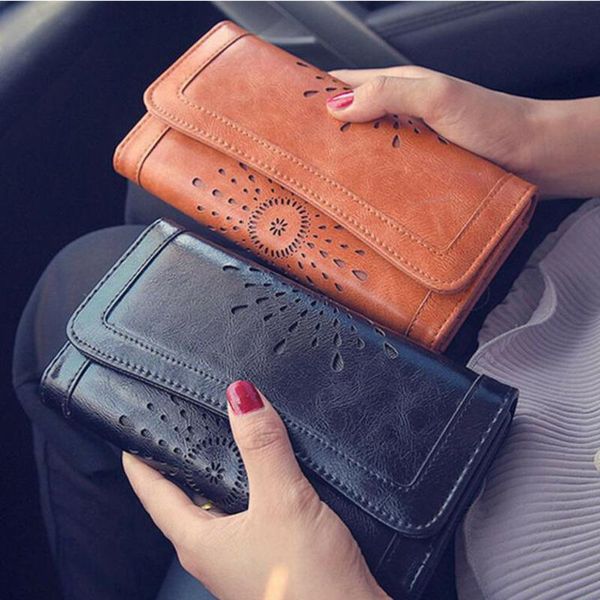 Carteiras Mulheres Hollow Boho Couro Feminino Handbags Casuais Senhora Sólida Embreagem Sacos Telefone Card Titular Longo Purse Couple 2021