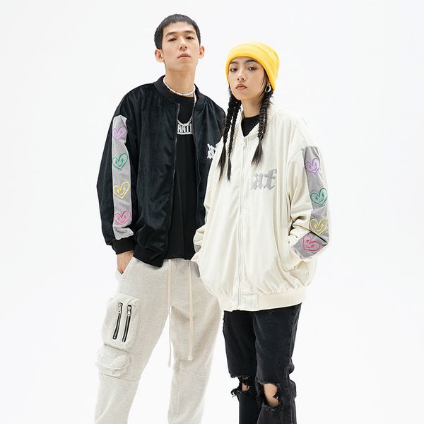 

2021 autumn youth american college embroidered smiling face veet baseball et male couple hip hop et, Black;brown