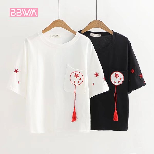 Sommer Harajuku Stil Sakura besticktes Kurzarm-T-Shirt Student Girl Soft Sister Short Crop Top T-Shirt 210507