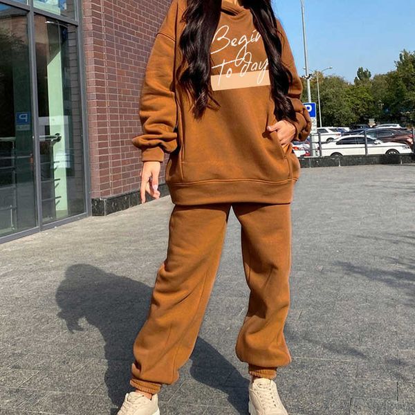 

letter printed women's tracksuit hoodies hooded oversize long sleeve fleece suit 2 piece set female sports pants lady 210930, White