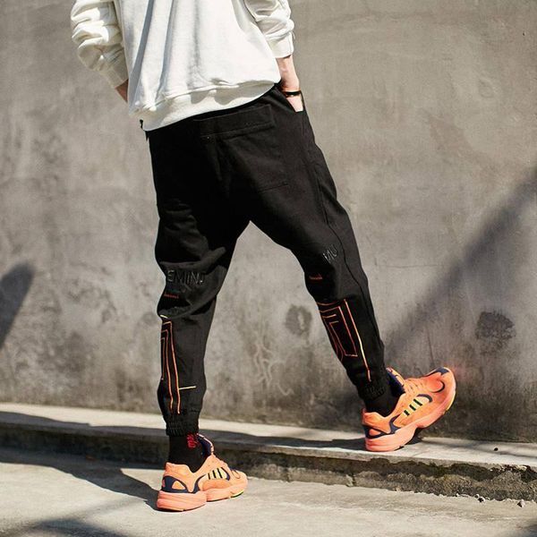 

men's pants men vintage joggers 2021 mens streetwear cargo male hip hop harem japan spring embroidered trousers overalls, Black