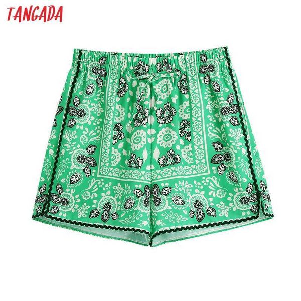 

tangada women retro green floral print shorts vintage high elastic waist drawstring female short pants mujer be941 210609, White;black