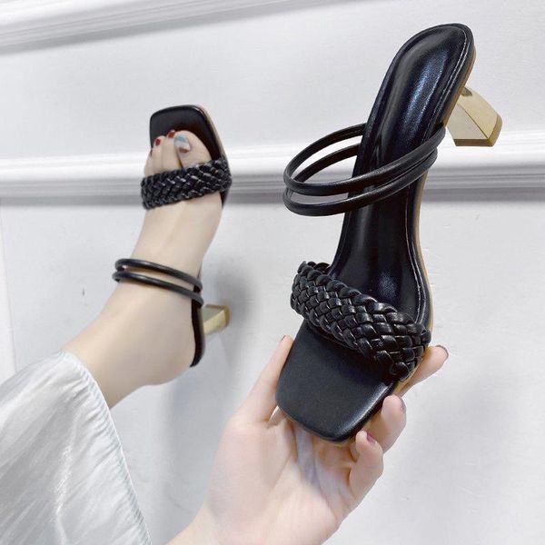 

woven sandals and slippers women 2021 fashion profiled with two wear women's all-match high-heel, Black