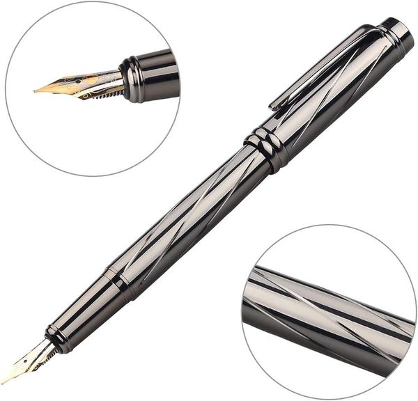 

fountain pen extra fine nib with 6 cartridges piston converter left right hand writing instrument metal gray pens