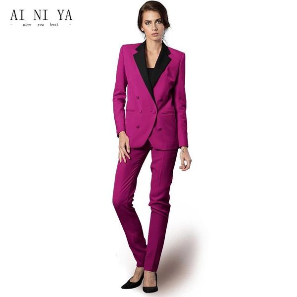 

women's two piece pants fuchsia suits fashion sets clothes for women set double breasted blazers jackets+pencil office lady suit, White