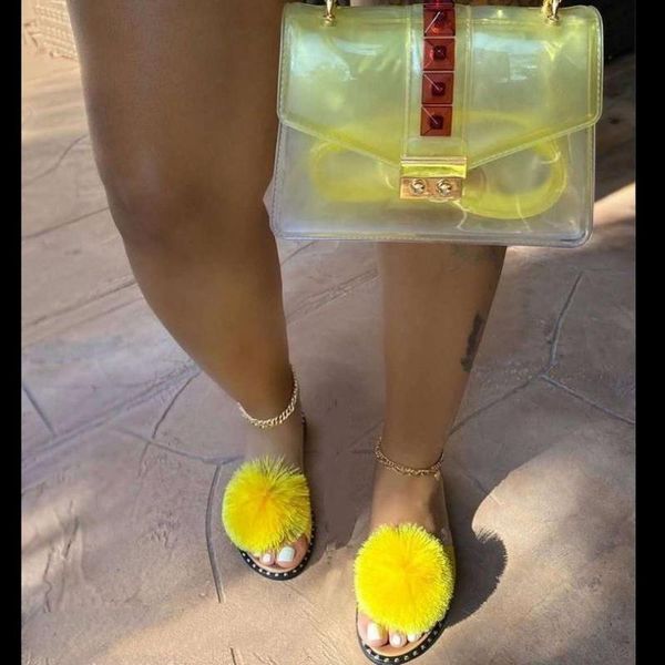 

slippers spring summer 2021 women cute ladies fur sandals spherical flat non-slip outdoor all-match fashionable home ms, Black