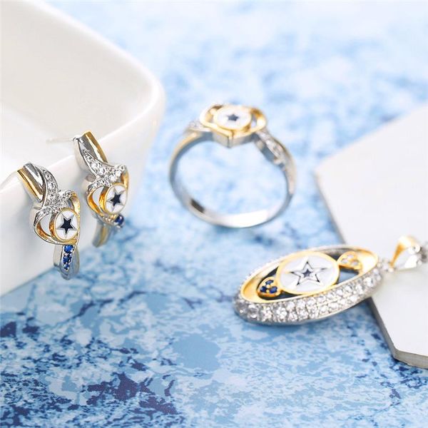 

earrings & necklace boho female star crystal jewelry set charm gold silver color wedding clip for women cute love heart chain ring