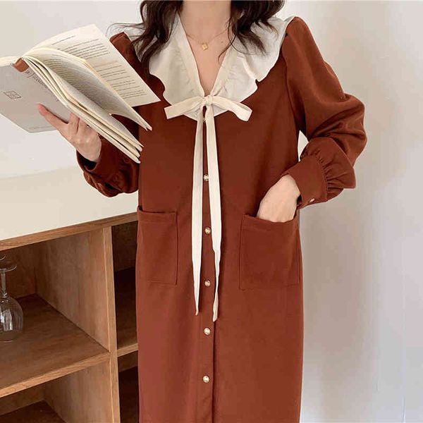 

Elegant Dress Woman Spring Sweet Contrasting Color V-neck Lace Bowknot Double Pockets Loose Puff Sleeve Long Dress, Black;gray