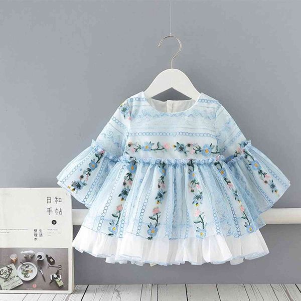 2021spring meninas crianças princesa vestido longo flare manga bordado flora laço crianças bebê bebê vestidos de festa vestidos s11911 g1129