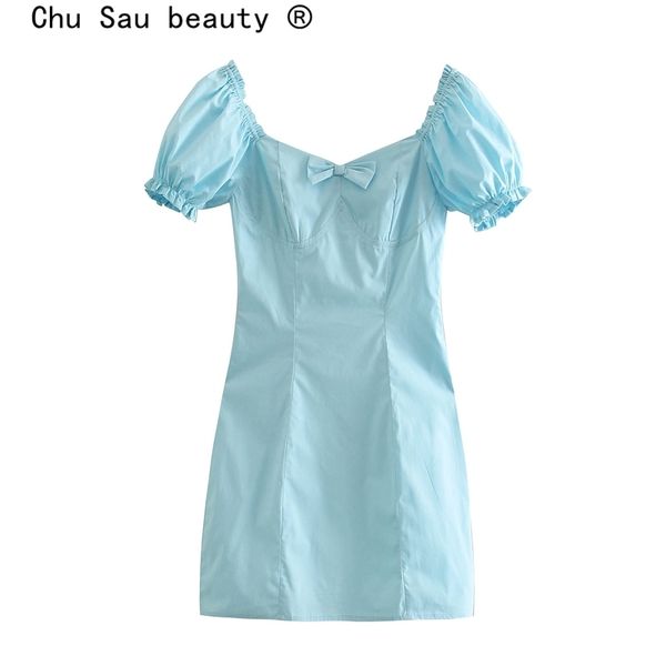 

fashion summer sweet chic bow mini dress women holiday style puff sleeve ruffles dresses female vestido de moda 210508, Black;gray