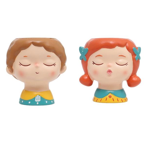 

decorative flowers & wreaths cute cartoon girl and boy flowerpot animal resin succulent planter desk mini ornament (2pcs girls boycombinatio