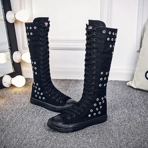 

boots canvas mid calf for women footwear spring autumn black white shoes woman breathable lace up 34-43 large size