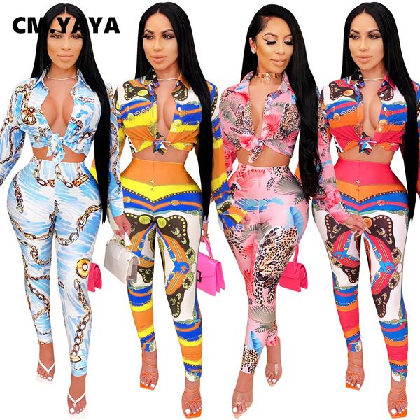 

cm.yaya activewear women set national print vintage crop pants set street tracksuit fitness two piece set night outfit, White