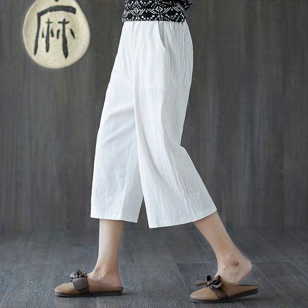 

100% cotton plus size summer womens pants elastic waist loose casual white wide leg pocket linen trousers, Black;white