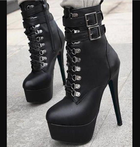 

dress shoes women fashion autumn ankle boots high heels platform round toe leather booties black ladies party