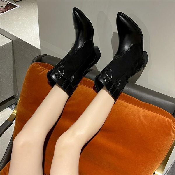 

boots female autumn white cowboy vintage western ankle short cowgirl retro high shoes with heel for women girl 2021, Black