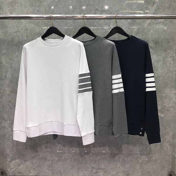 

t shirt Fashion TB THOM Brand Spring Autumn Casual Clothing Striped Cotton Jacket Men Sweatshirts O-Neck Waffle Sportswear Coat, White;black