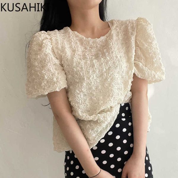 

kusahiki sweet korean woman shirts causal puff sleeve o-neck blouse summer folds blusas mujer de moda 6j560 210602, White