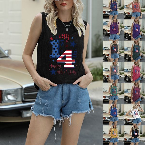 

summer t shirt independence day sleeveless vest flag 14 letter print short sleeve top, White