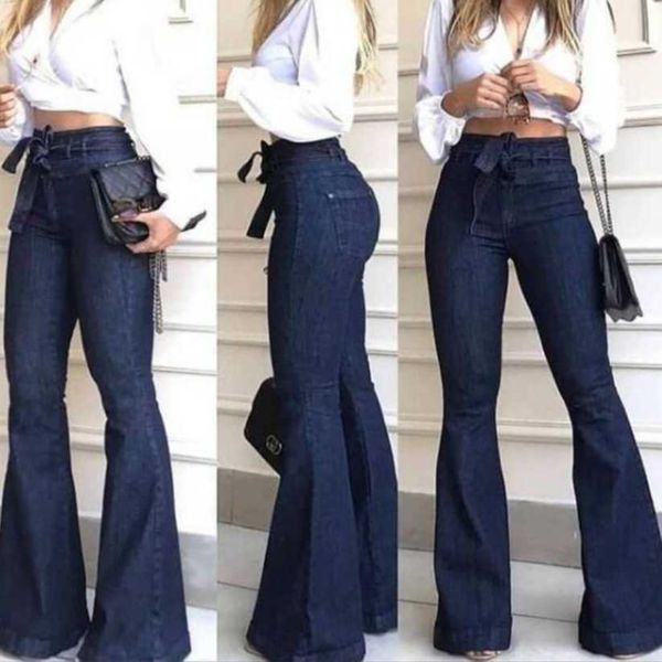 

women's jeans high waist micro elastic lace up flared wide leg pants, Blue