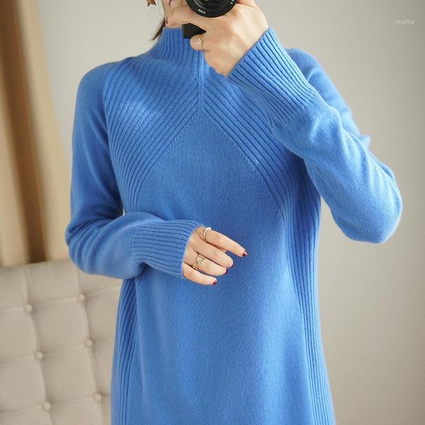 

women's sweaters 2021 100% wool ladies high neck pullover mid-length sweater long sleeve solid color all-match casual cashmere base, White;black